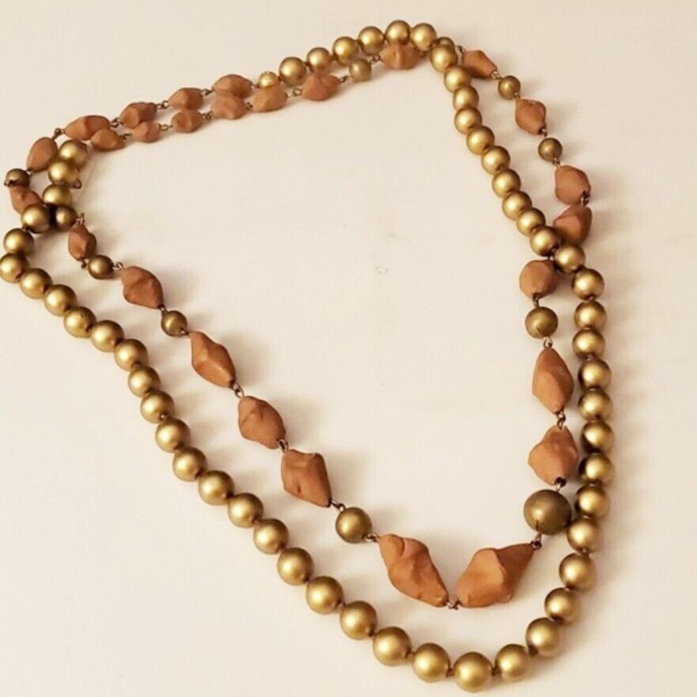 📿 Pellini Italy Vtg Gold Tone &Stone Long Bead Necklace 50” Unique Design Rare